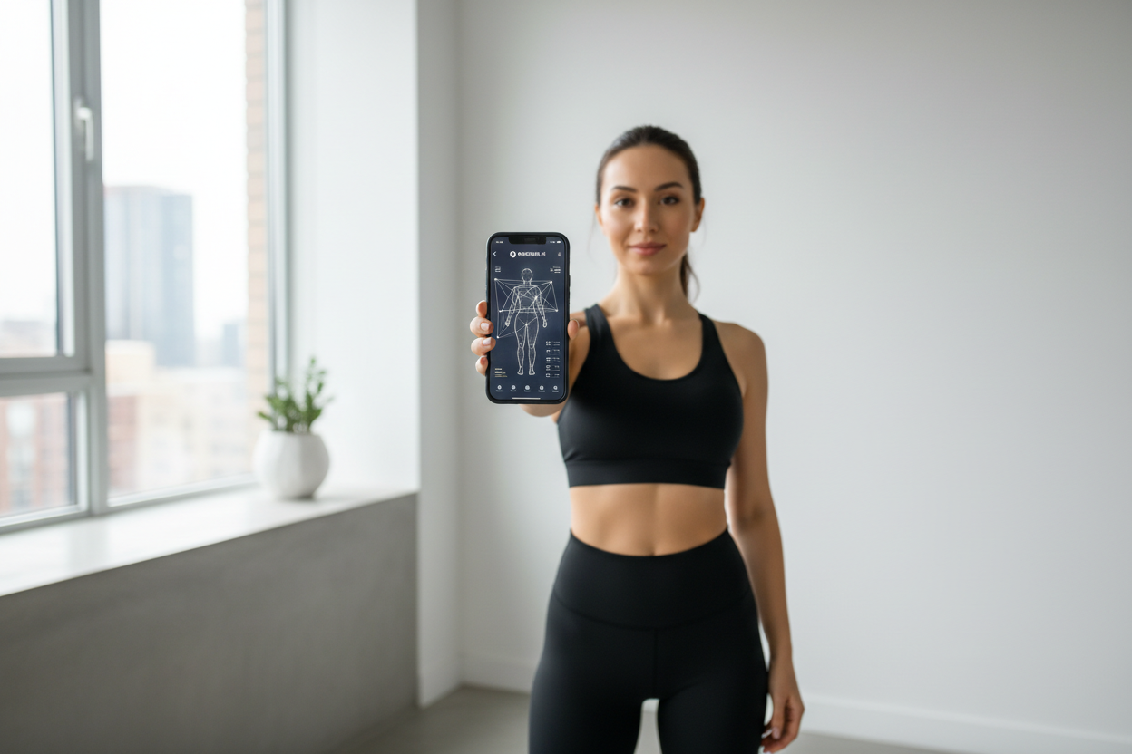 mujer escaneando sus medidas con un celular